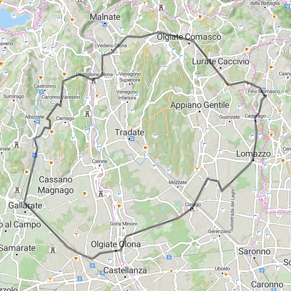 Miniaturní mapa "69 km Road Cycling Route from Fino Mornasco" inspirace pro cyklisty v oblasti Lombardia, Italy. Vytvořeno pomocí plánovače tras Tarmacs.app