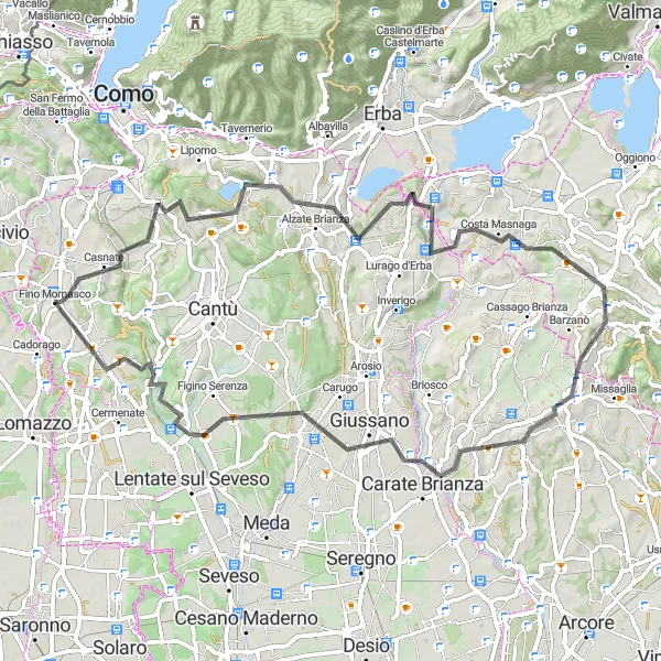 Miniature de la carte de l'inspiration cycliste "Parcours de Fino Mornasco à Novedrate" dans la Lombardia, Italy. Générée par le planificateur d'itinéraire cycliste Tarmacs.app