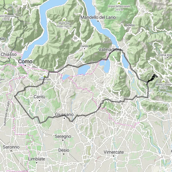 Miniatura della mappa di ispirazione al ciclismo "Giro dei Laghi Lariani e della Brianza" nella regione di Lombardia, Italy. Generata da Tarmacs.app, pianificatore di rotte ciclistiche