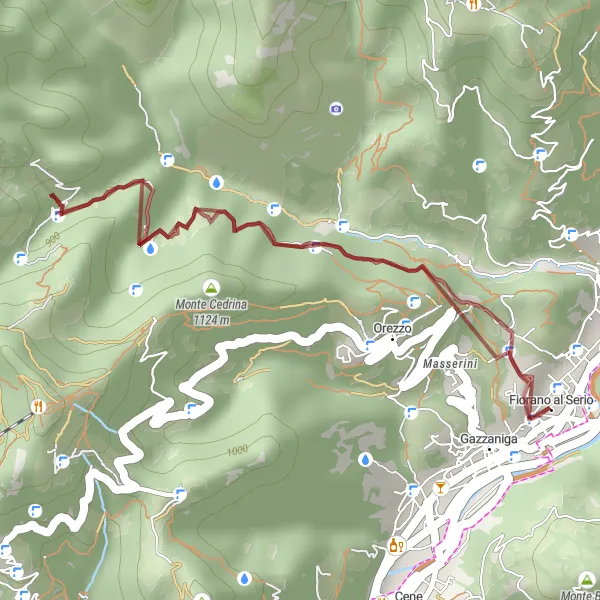 Miniatua del mapa de inspiración ciclista "Ruta de Grava hacia Fiorano al Serio" en Lombardia, Italy. Generado por Tarmacs.app planificador de rutas ciclistas