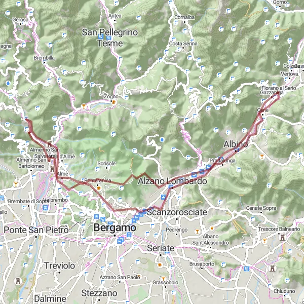 Miniature de la carte de l'inspiration cycliste "Gravir les sommets autour de Fiorano al Serio" dans la Lombardia, Italy. Générée par le planificateur d'itinéraire cycliste Tarmacs.app