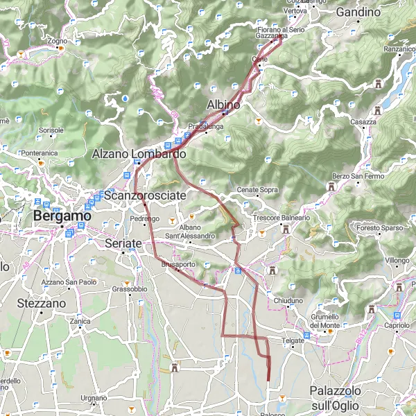 Mapa miniatúra "Gravelová trasa okolo Fiorano al Serio" cyklistická inšpirácia v Lombardia, Italy. Vygenerované cyklistickým plánovačom trás Tarmacs.app