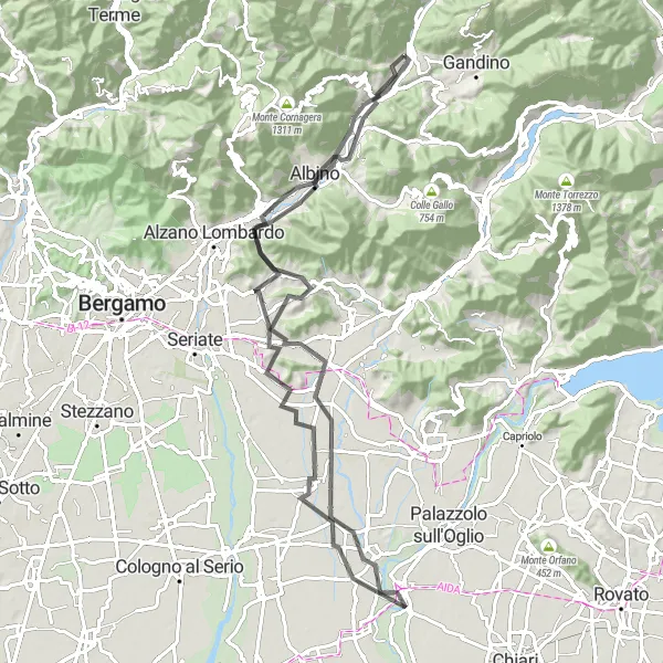 Map miniature of "From Fiorano al Serio to Monte Cloca" cycling inspiration in Lombardia, Italy. Generated by Tarmacs.app cycling route planner