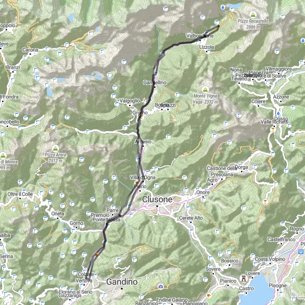 Map miniature of "Vistas and Ascents: Exploring Valli Bergamasche" cycling inspiration in Lombardia, Italy. Generated by Tarmacs.app cycling route planner