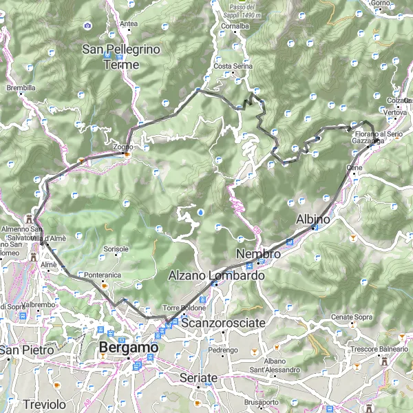 Kartminiatyr av "Fiorano al Serio - Passo di Ganda - Fiorano al Serio" sykkelinspirasjon i Lombardia, Italy. Generert av Tarmacs.app sykkelrutoplanlegger
