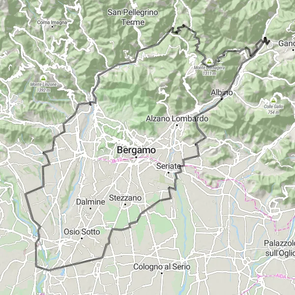 Miniatua del mapa de inspiración ciclista "Aventura Extrema a Trezzo sull'Adda desde Almenno San Bartolomeo" en Lombardia, Italy. Generado por Tarmacs.app planificador de rutas ciclistas