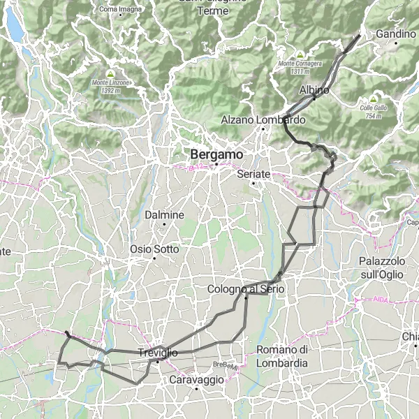 Zemljevid v pomanjšavi "Razburljiva kolesarska avantura skozi Lombardijo" kolesarske inspiracije v Lombardia, Italy. Generirano z načrtovalcem kolesarskih poti Tarmacs.app