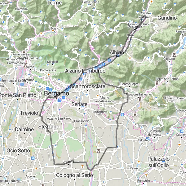 Map miniature of "Fiorano al Serio to Monte Cloca Loop" cycling inspiration in Lombardia, Italy. Generated by Tarmacs.app cycling route planner