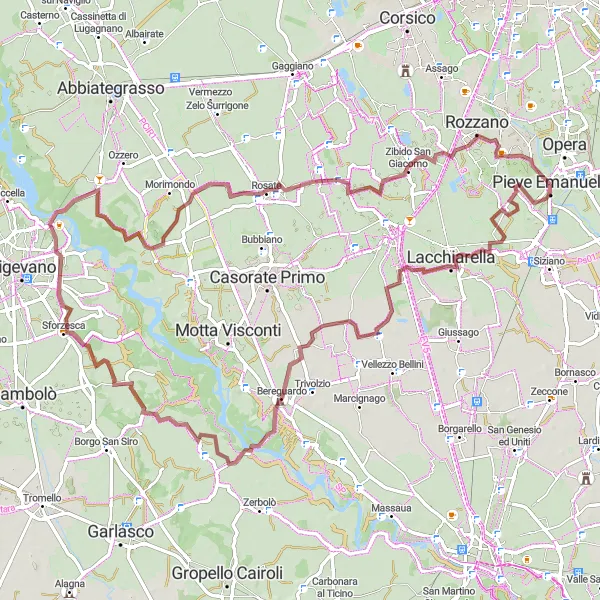 Miniatura della mappa di ispirazione al ciclismo "Percorso in mountain bike da Fizzonasco a Bereguardo" nella regione di Lombardia, Italy. Generata da Tarmacs.app, pianificatore di rotte ciclistiche