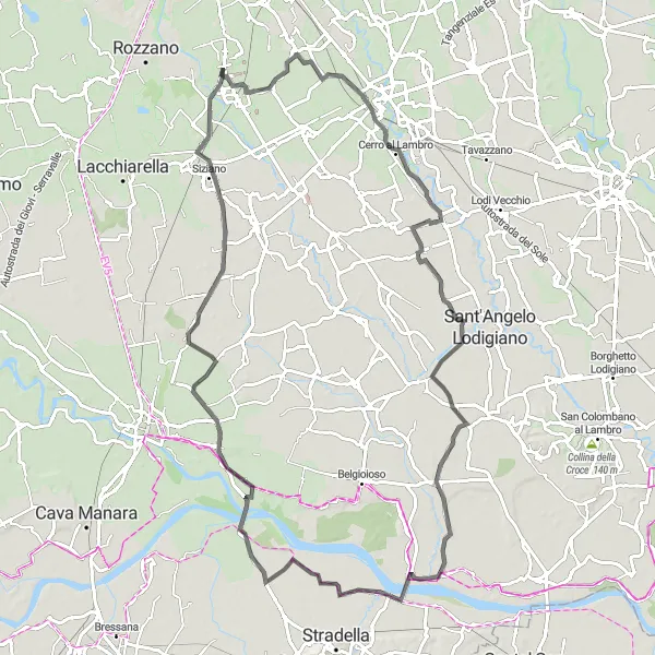 Map miniature of "Mezzano to Pieve Emanuele Road Adventure" cycling inspiration in Lombardia, Italy. Generated by Tarmacs.app cycling route planner