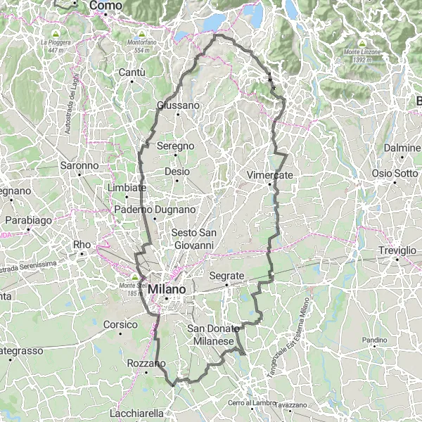 Map miniature of "Ultimate Climbing Challenge: Bellaria and Viboldone" cycling inspiration in Lombardia, Italy. Generated by Tarmacs.app cycling route planner