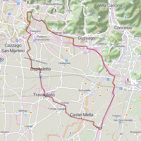 Map miniature of "Gravel Challenge: Traverse Travagliato and Colle Barbisone near Flero" cycling inspiration in Lombardia, Italy. Generated by Tarmacs.app cycling route planner