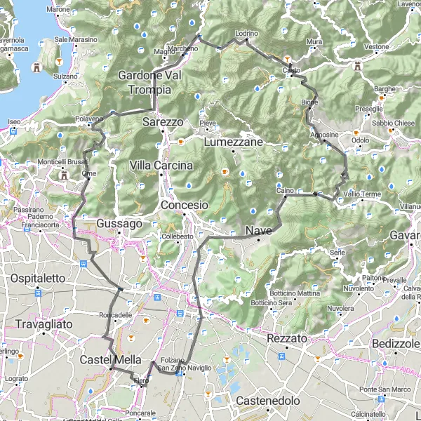 Map miniature of "Ultimate Cycling Challenge: Conquer Roncadelle and Dosso dei Morti near Flero" cycling inspiration in Lombardia, Italy. Generated by Tarmacs.app cycling route planner
