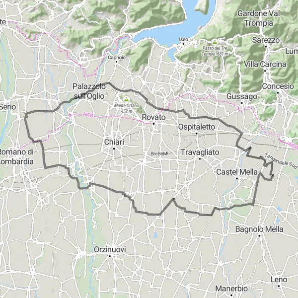 Mapa miniatúra "Scenic road journey through Lombardy" cyklistická inšpirácia v Lombardia, Italy. Vygenerované cyklistickým plánovačom trás Tarmacs.app