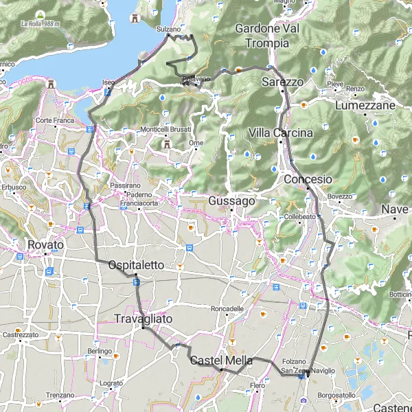 Map miniature of "The Lakeside Loop" cycling inspiration in Lombardia, Italy. Generated by Tarmacs.app cycling route planner