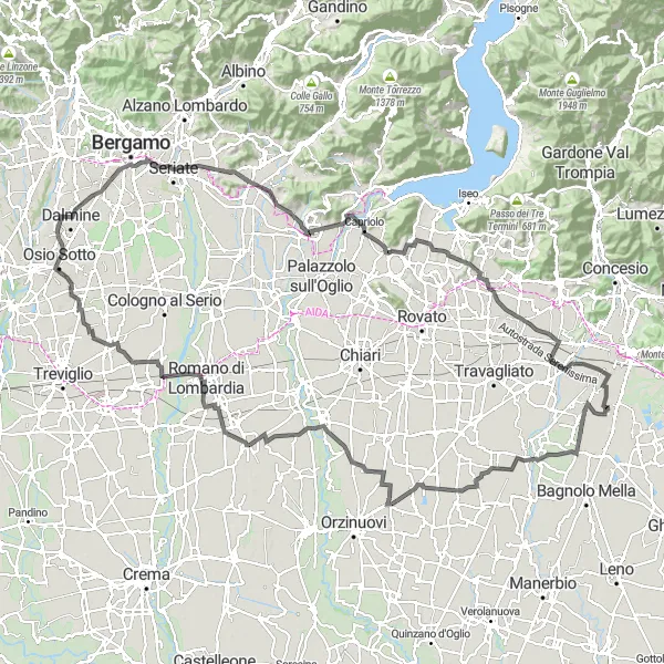 Map miniature of "The Castles and Hills Loop" cycling inspiration in Lombardia, Italy. Generated by Tarmacs.app cycling route planner