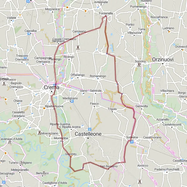 Kartminiatyr av "Grusvei rundtur til Cappella Cantone og Crema" sykkelinspirasjon i Lombardia, Italy. Generert av Tarmacs.app sykkelrutoplanlegger