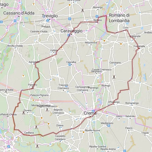 Miniatura mapy "Szlak rowerowy Capergnanica-Pandino-Caravaggio-Covo" - trasy rowerowej w Lombardia, Italy. Wygenerowane przez planer tras rowerowych Tarmacs.app