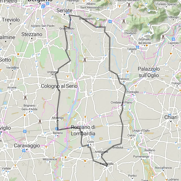Miniaturní mapa "Okruh kolem Fontanella" inspirace pro cyklisty v oblasti Lombardia, Italy. Vytvořeno pomocí plánovače tras Tarmacs.app