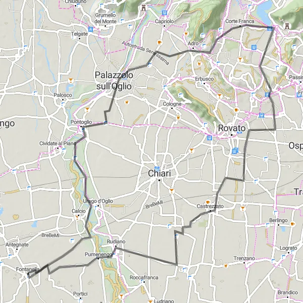 Zemljevid v pomanjšavi "Kolesarska pot po cesti v Lombardiji" kolesarske inspiracije v Lombardia, Italy. Generirano z načrtovalcem kolesarskih poti Tarmacs.app