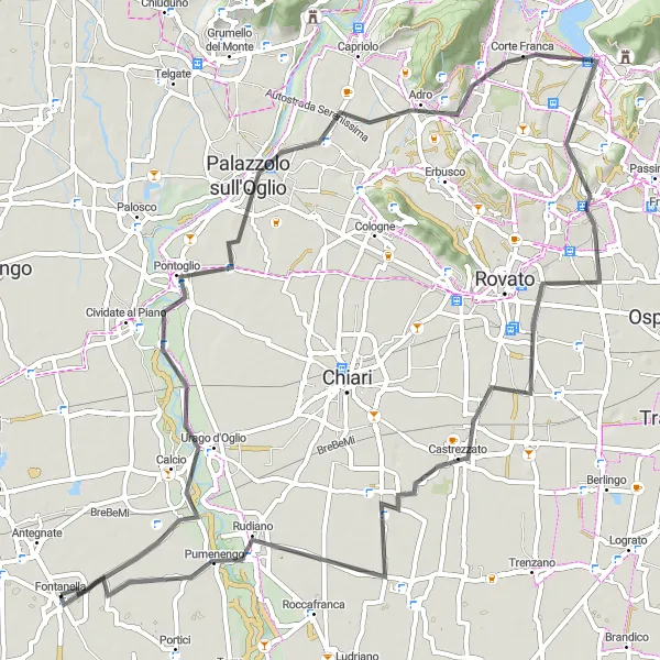 Miniatura della mappa di ispirazione al ciclismo "Bike tour tra Palazzolo sull'Oglio e Castrezzato" nella regione di Lombardia, Italy. Generata da Tarmacs.app, pianificatore di rotte ciclistiche