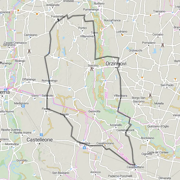 Miniatua del mapa de inspiración ciclista "Ruta en carretera de Fontanella a Castelvisconti" en Lombardia, Italy. Generado por Tarmacs.app planificador de rutas ciclistas