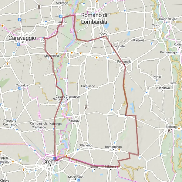Miniatua del mapa de inspiración ciclista "Ruta de ciclismo de grava cerca de Fornovo San Giovanni" en Lombardia, Italy. Generado por Tarmacs.app planificador de rutas ciclistas