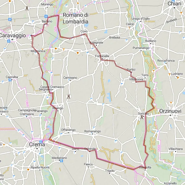 Miniatura della mappa di ispirazione al ciclismo "Avventura gravel da Covo a Mozzanica" nella regione di Lombardia, Italy. Generata da Tarmacs.app, pianificatore di rotte ciclistiche
