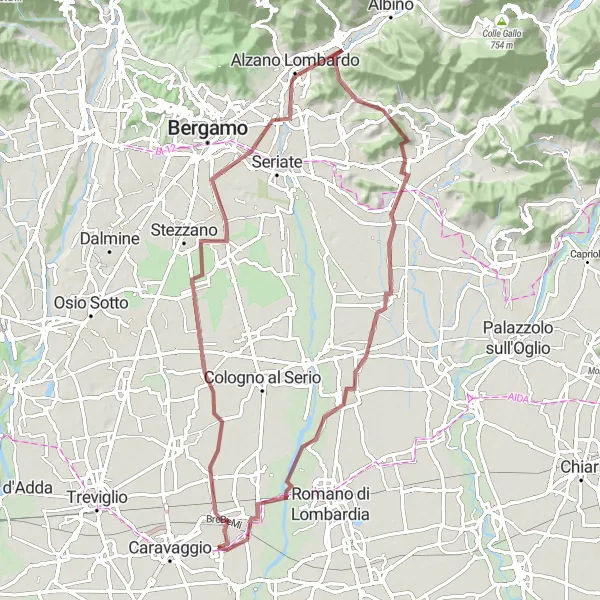 Miniaturní mapa "Gravel Route through Lombardia" inspirace pro cyklisty v oblasti Lombardia, Italy. Vytvořeno pomocí plánovače tras Tarmacs.app