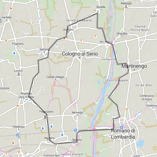 Miniatura della mappa di ispirazione al ciclismo "Passeggiata in bici tra Urgnano e Cascine bruciate" nella regione di Lombardia, Italy. Generata da Tarmacs.app, pianificatore di rotte ciclistiche