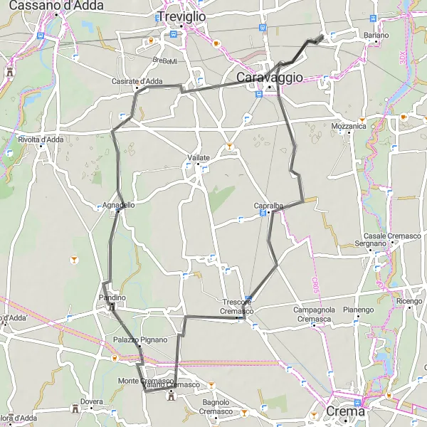 Miniatua del mapa de inspiración ciclista "Ruta de ciclismo de carretera cerca de Fornovo San Giovanni" en Lombardia, Italy. Generado por Tarmacs.app planificador de rutas ciclistas