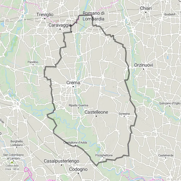 Miniatuurkaart van de fietsinspiratie "Langere route van 124 km voor racefietsen in Lombardije" in Lombardia, Italy. Gemaakt door de Tarmacs.app fietsrouteplanner