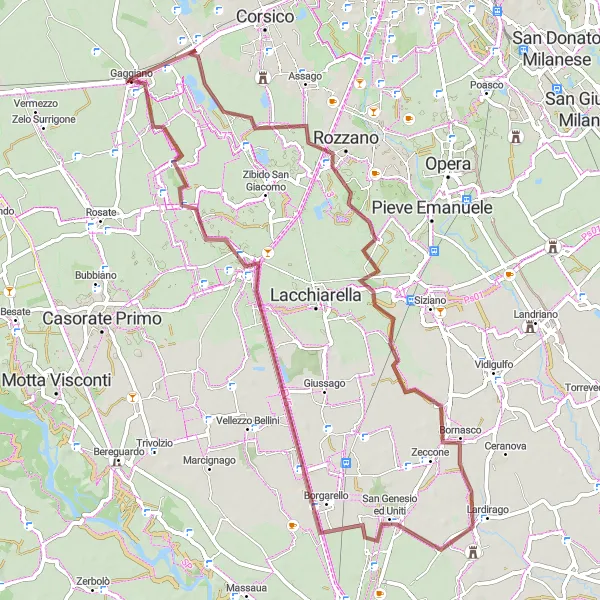 Kartminiatyr av "Avkopplande grusvägstur tillbaka till Gaggiano" cykelinspiration i Lombardia, Italy. Genererad av Tarmacs.app cykelruttplanerare