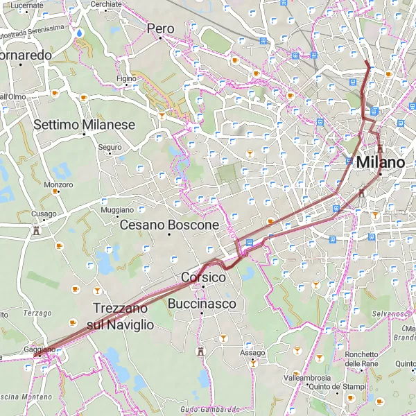 Miniatua del mapa de inspiración ciclista "Ruta de Grava desde Gaggiano a Milan" en Lombardia, Italy. Generado por Tarmacs.app planificador de rutas ciclistas