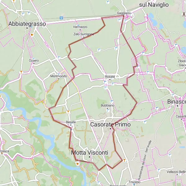 Map miniature of "Noviglio and Zelo Surrigone Gravel Ride" cycling inspiration in Lombardia, Italy. Generated by Tarmacs.app cycling route planner