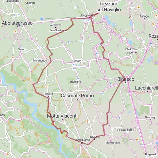 Miniature de la carte de l'inspiration cycliste "Aventure en gravel à travers Noviglio et Gaggiano" dans la Lombardia, Italy. Générée par le planificateur d'itinéraire cycliste Tarmacs.app