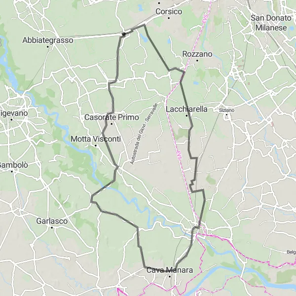 Karttaminiaatyyri "Gaggiano - Lacchiarella - Pavia - Cava Manara - Bereguardo - Rosate Loop" pyöräilyinspiraatiosta alueella Lombardia, Italy. Luotu Tarmacs.app pyöräilyreittisuunnittelijalla