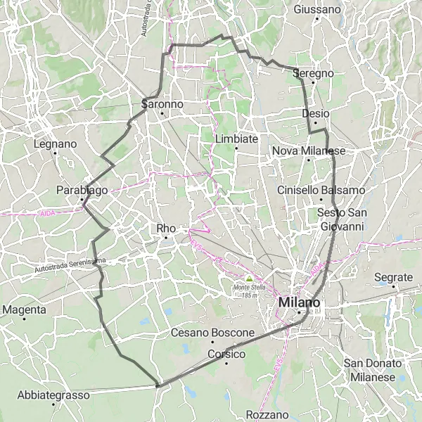 Map miniature of "Sedriano and Sesto San Giovanni Road Tour" cycling inspiration in Lombardia, Italy. Generated by Tarmacs.app cycling route planner