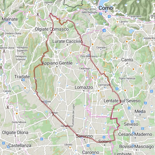 Kartminiatyr av "Scenic Saronno Loop" cykelinspiration i Lombardia, Italy. Genererad av Tarmacs.app cykelruttplanerare