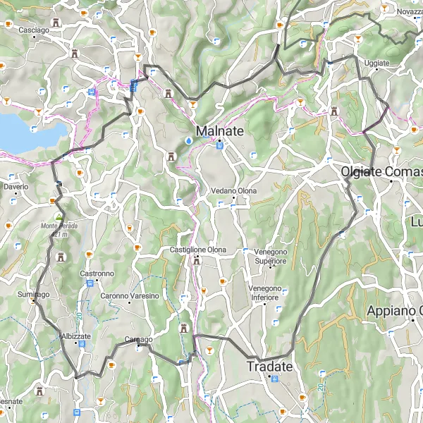 Kartminiatyr av "Lombardia Loop via Castelnuovo Bozzente" cykelinspiration i Lombardia, Italy. Genererad av Tarmacs.app cykelruttplanerare
