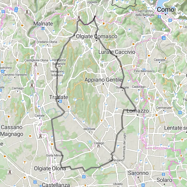 Kartminiatyr av "Sykkeltur til Rescalda og Venegono Inferiore" sykkelinspirasjon i Lombardia, Italy. Generert av Tarmacs.app sykkelrutoplanlegger