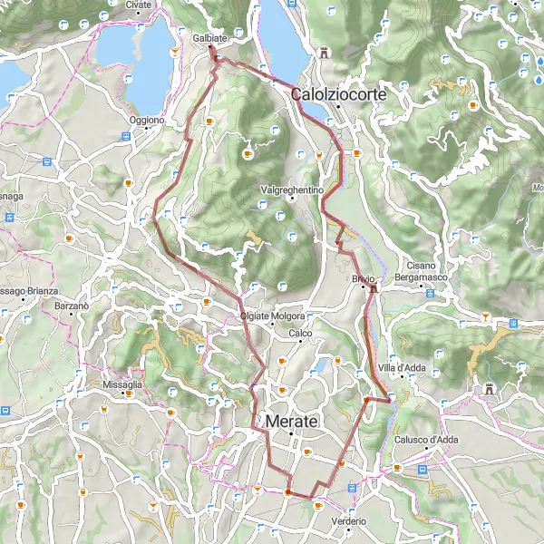 Zemljevid v pomanjšavi "Galbiate - Brivio - Monte Robbio - Robbiate - Cernusco Lombardone - Santa Maria Hoè" kolesarske inspiracije v Lombardia, Italy. Generirano z načrtovalcem kolesarskih poti Tarmacs.app