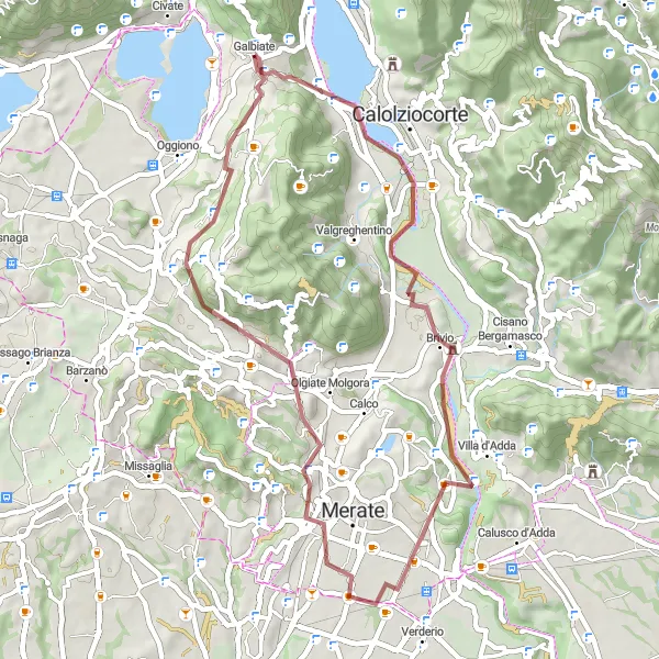 Miniatura della mappa di ispirazione al ciclismo "Esplorazione in gravel tra Brivio e Santa Maria Hoè" nella regione di Lombardia, Italy. Generata da Tarmacs.app, pianificatore di rotte ciclistiche