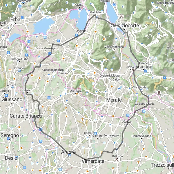 Karttaminiaatyyri "Galbiaten kiertävä pyöräretki Monte Giglion kautta" pyöräilyinspiraatiosta alueella Lombardia, Italy. Luotu Tarmacs.app pyöräilyreittisuunnittelijalla