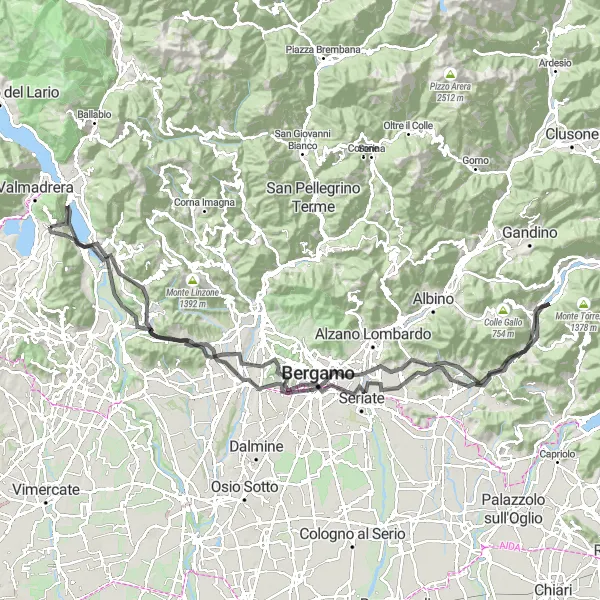 Map miniature of "The Bergamasco Loop" cycling inspiration in Lombardia, Italy. Generated by Tarmacs.app cycling route planner