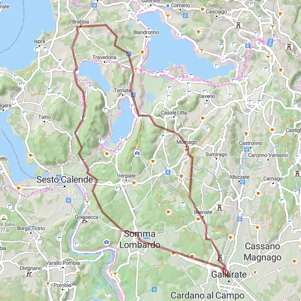 Mapa miniatúra "Gravelová cyklistická trasa okolo Gallarate" cyklistická inšpirácia v Lombardia, Italy. Vygenerované cyklistickým plánovačom trás Tarmacs.app