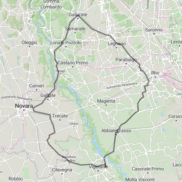 Map miniature of "Gallarate Round Trip" cycling inspiration in Lombardia, Italy. Generated by Tarmacs.app cycling route planner