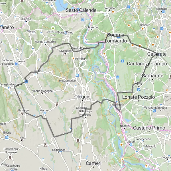 Map miniature of "Cardano al Campo to Casorate Sempione Road Route" cycling inspiration in Lombardia, Italy. Generated by Tarmacs.app cycling route planner