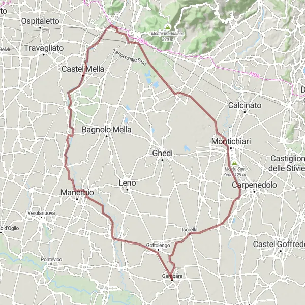Miniatua del mapa de inspiración ciclista "Ruta de Ciclismo Gravel desde Gambara a Brescia y Monte del Generale" en Lombardia, Italy. Generado por Tarmacs.app planificador de rutas ciclistas