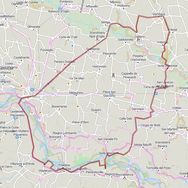 Miniatua del mapa de inspiración ciclista "Ruta de Ciclismo Gravel desde Gambara a Cremona y Polesine Parmense" en Lombardia, Italy. Generado por Tarmacs.app planificador de rutas ciclistas